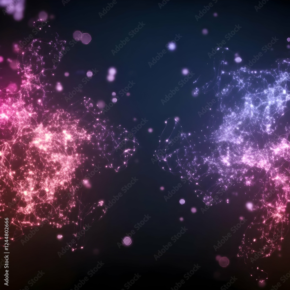 Poster abstract background shows glowing particles form swirling patterns dynamically with elegant colors
