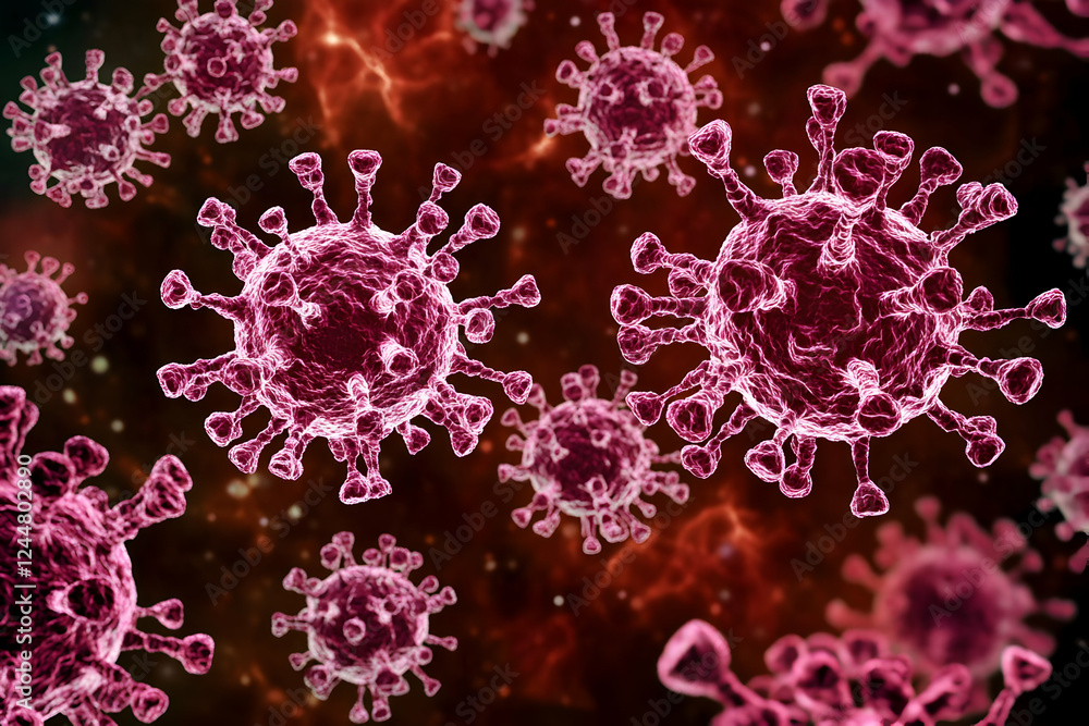 Poster microscopic view of virus particles floating in a dark, red environment