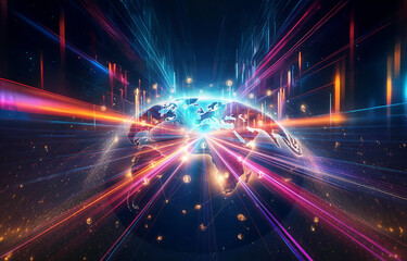 Vibrant digital globe emits radiant light beams, symbolizing global connectivity and futuristic technological energy.