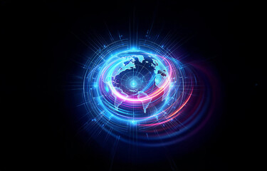 Obraz premium Glowing globe encircled by vibrant blue and pink light trails against a dark backdrop. Energy swirls around the world, creating a dynamic and futuristic digital design.
