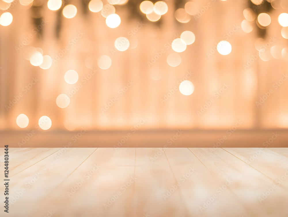 Poster empty light wood table top with blurred golden bokeh background for product display or festive setti