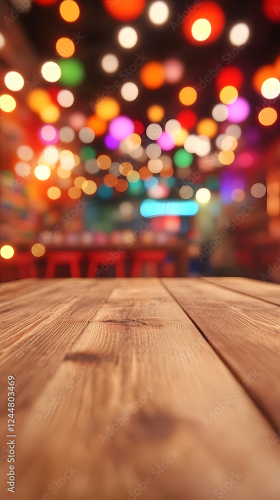 Poster empty wooden table top with blurred colorful lights background for product display or festive scene