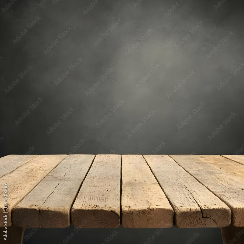 Poster empty rustic wooden table top against a dark gray textured background for product display