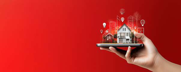 Hand holding smartphone with house icons on red background, architecture or real estate investment banner