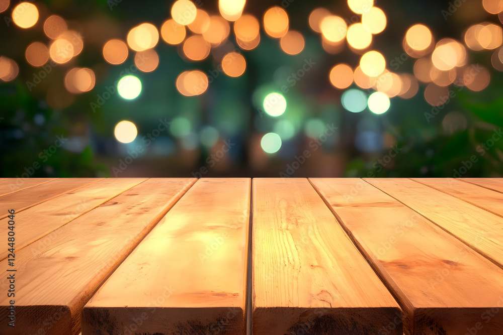 Poster empty wooden table top with blurry bokeh lights background for product display or festive setting