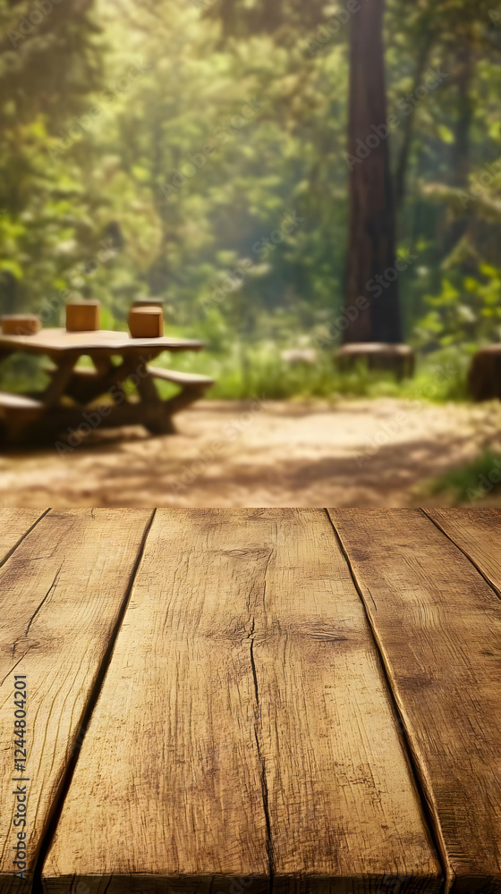 Poster empty wooden table with blurred forest background with picnic table perfectly for product placement