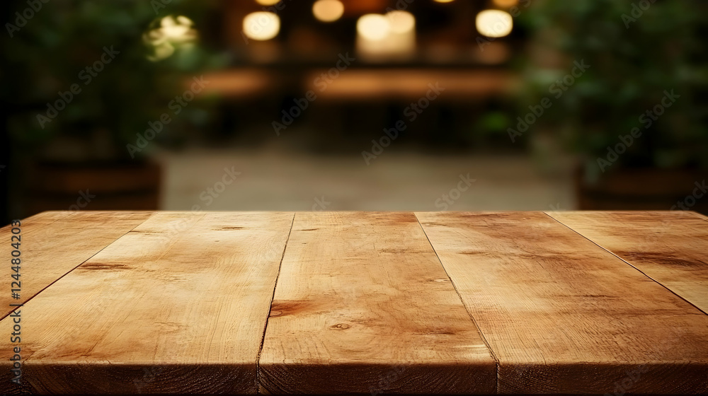 Poster empty wooden table top with blurred restaurant background creates inviting display space.