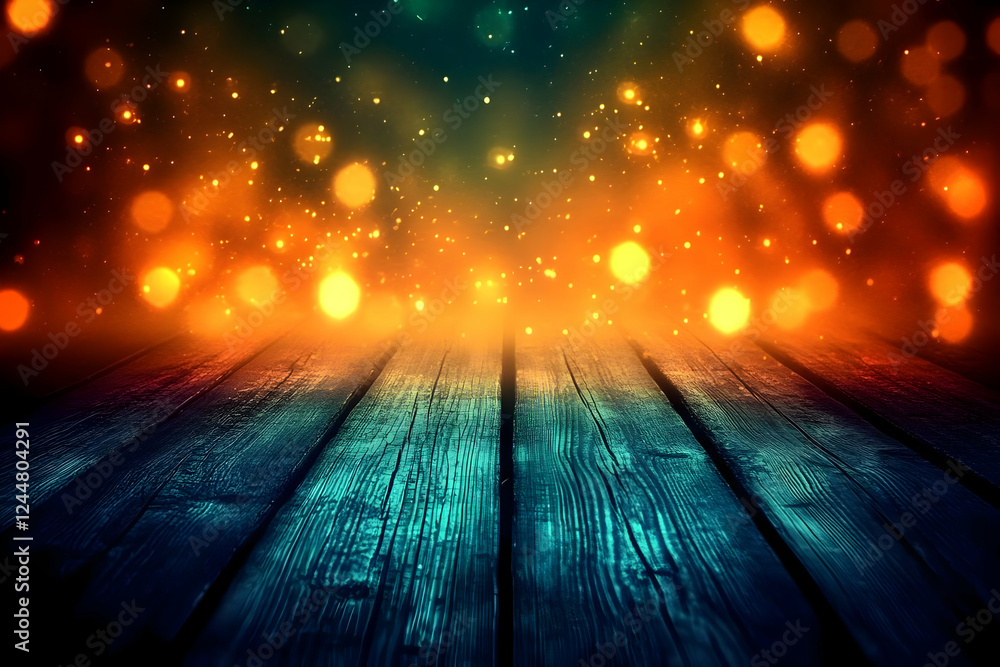 Poster empty wooden table with orange and green bokeh background for product display.