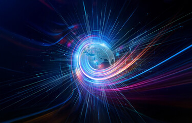 Abstract glowing orb emits blue and red light streaks on a dark background. Dynamic burst of energy, suggesting futuristic technology and motion effect.