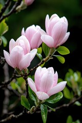 Fototapeta premium A close-up of pink magnolia flowers on branches, showcasing their delicate beauty.