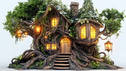 Fototapeta premium Whimsical Fairytale Home Isolated In White Background