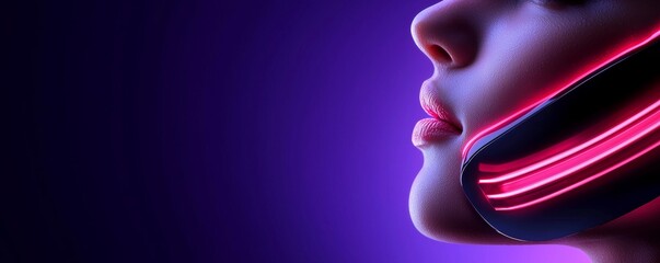 Obraz premium A futuristic profile of a woman's face with glowing neon accents against a dark purple background, suggesting advanced technology or beauty enhancement.