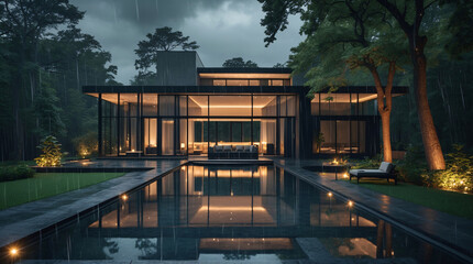 Fototapeta premium Luxurious home with minimalist interior and exteriors illuminated by multiple lamps and surrounded by a serene pool on a rainy day Exterior Design Inspiration