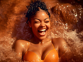 Obraz premium Woman laughs joyfully while submerged in shimmering brown water.