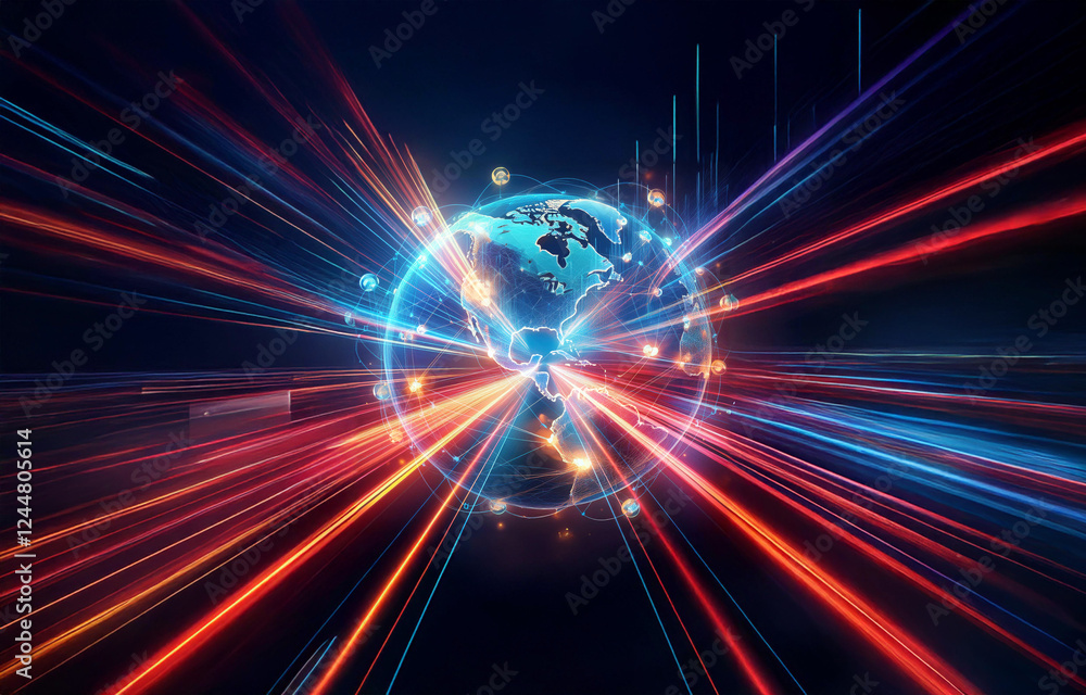 Poster a glowing globe surrounded by red and blue light trails depicts global connection and futuristic tec