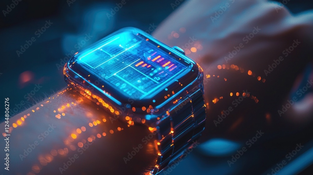 Poster futuristic smartwatch displaying data on hand with digital glow