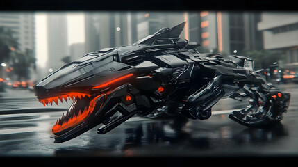 Futuristic Robotic Creature Prowls Through City Streets with Glowing Jaws and Mechanical Legs