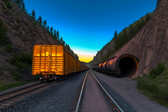 Freight Trains Travel on Parallel Tracks Through a Mountain Pass at Sunset