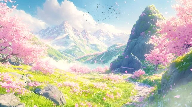 Idyllic spring scene featuring vibrant cherry blossoms, a winding stone path, and majestic snowy mountains in sunlight. Seamless looping time lapse 4k video animation background