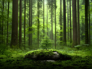 Obraz premium Lush Forest Scene: Young Evergreen Grows on Mossy Rock, Bathed in Soft Light, Evoking Tranquility.