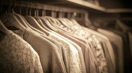 Fototapeta premium A Serene Wardrobe: Neutral-Toned Garments Hanging in Order