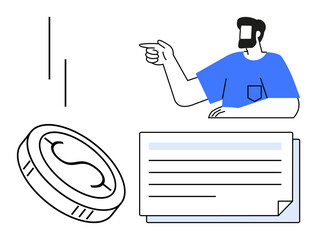 Man pointing at coin and document. Ideal for financial planning, business strategy, decision-making, investments, guidance, direction, consulting economics. Modern abstract line flat metaphor