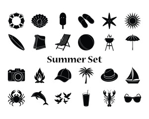 Set of summer holiday beach elements silhouette. Hello summer lettering vector illustration on white background