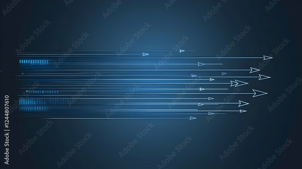 Poster abstract background with glowing arrows moving forward on a dark blue background.