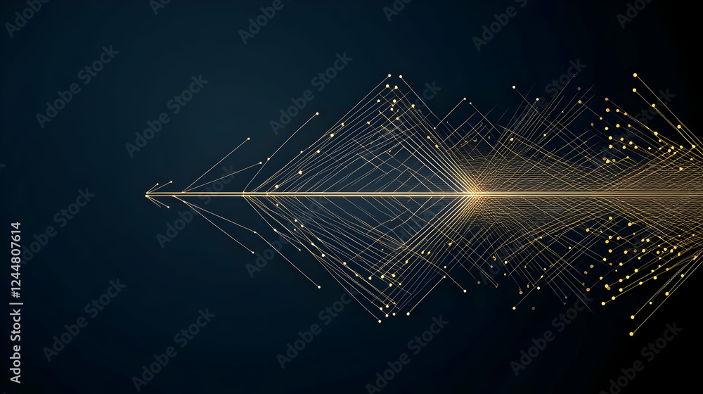Aufkleber golden abstract lines and dots form a dynamic arrow shape on dark background, illustration.