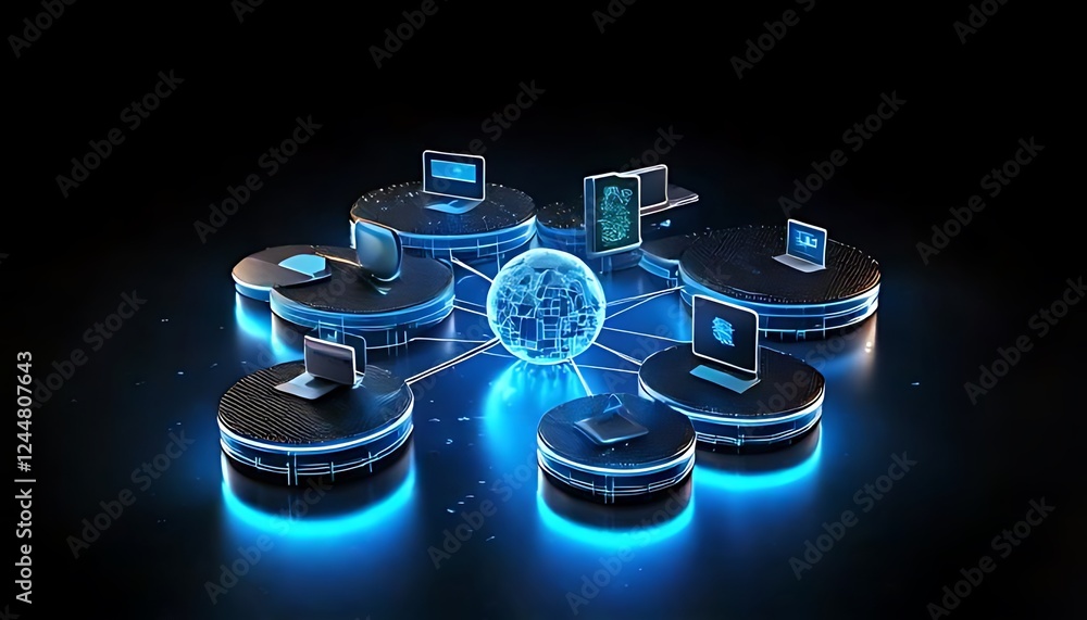 Poster interconnected devices on platforms surround a luminous sphere, symbolizing a digital network with a