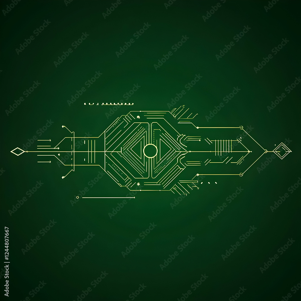 Poster abstract technological circuit design forms an intricate pattern symmetrically on a dark green backg
