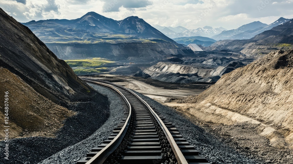 Poster scenic railway track winding through mountainous terrain with mining activity in the background