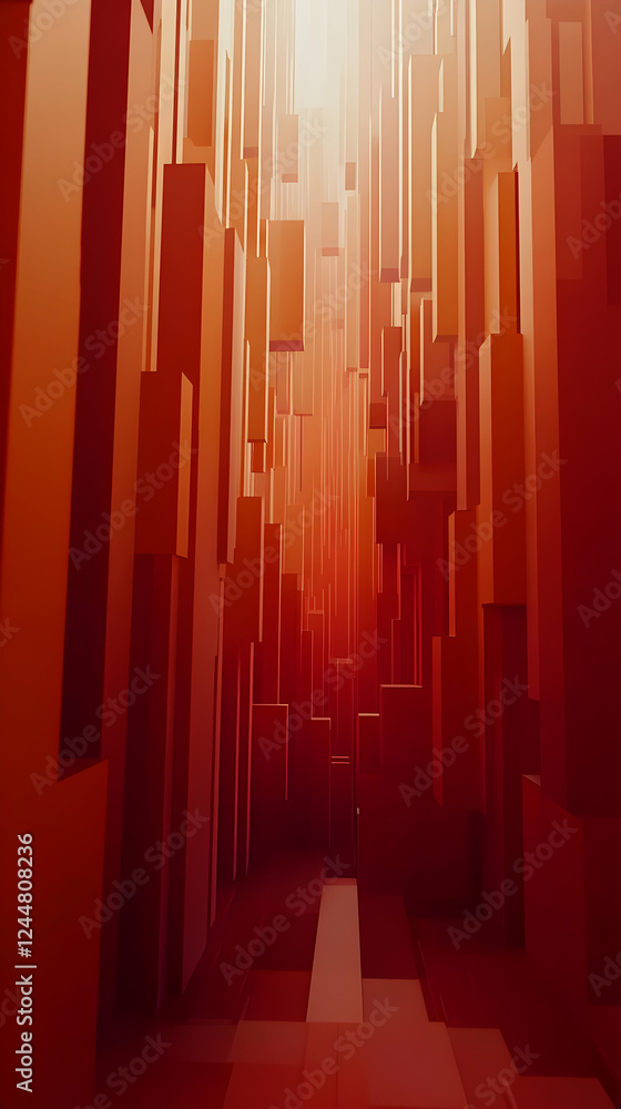 Poster 3d abstract red blocks form a futuristic corridor with light beams