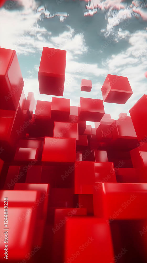 Aufkleber red cubes form an abstract structure under a cloudy sky