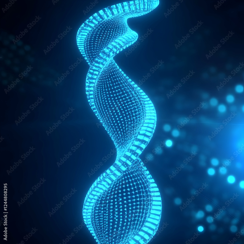 Aufkleber abstract 3d glowing dna helix rotating in dark blue space with bokeh effect