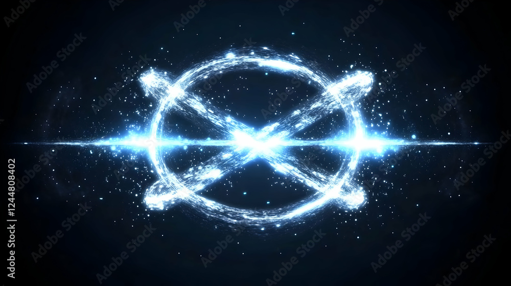 Poster abstract light trails form a circle and cross on a dark background with sparkling particles