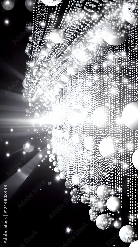 Poster silver sparkling orbs cascading with light rays emanating elegantly on a dark background.