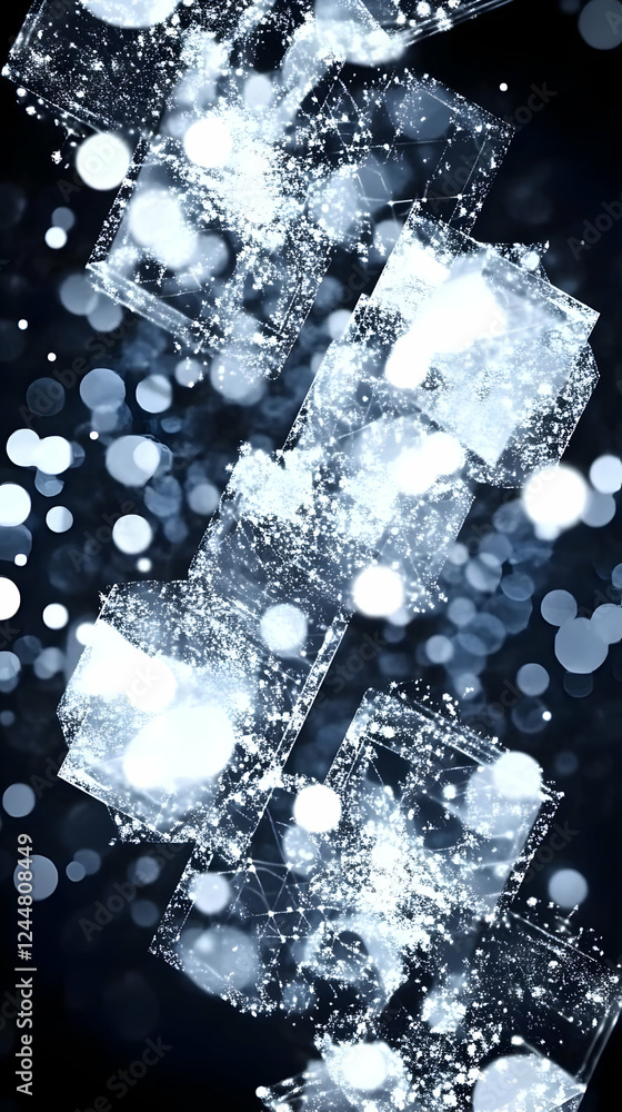 Poster abstract background shows interconnected shapes with glowing particles, creates depth and intrigue
