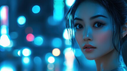 Captivating Portrait of a Woman in Neon Lights with a Dreamy City Background at Night