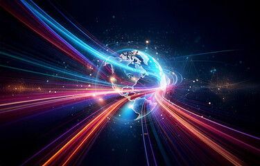 Vibrant light streaks encircle a glowing globe in the darkness of space, suggesting global connections, speed, and futuristic technology. Energy beams radiate from the planet.