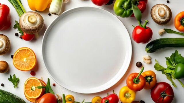 Fresh vegetable and fruit border surrounding empty plate ready for creative culinary ideas