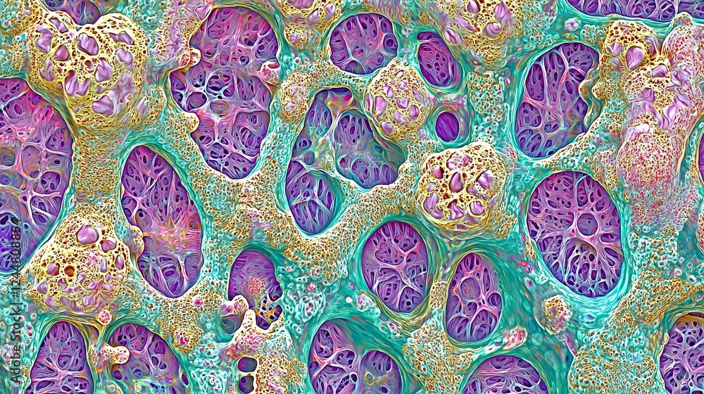 Poster abstract cellular interactions demonstrated in colorful textured patterns