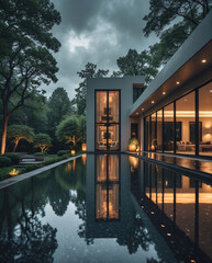 Fototapeta premium Modern minimalist home with elegant interior and exterior soft lighting and a peaceful pool surrounded by rainy cloudy weather Exterior Design Inspiration