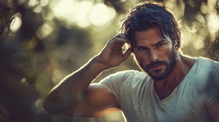 Handsome man in nature with tousled hair and intense gaze, showcasing rugged masculinity and natural beauty