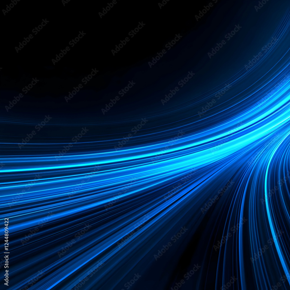 Poster abstract blue light streaks flowing dynamically across a dark background
