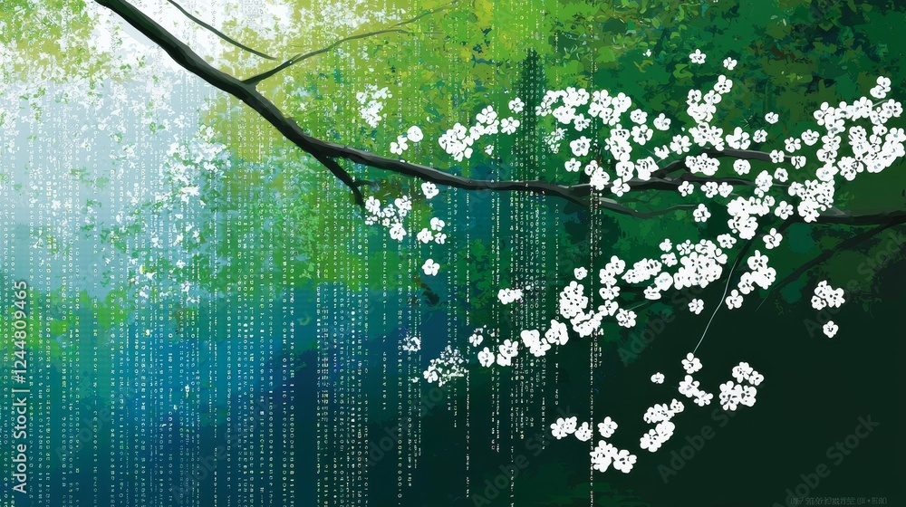 Poster abstract floral patterns with binary code elements in a green landscape