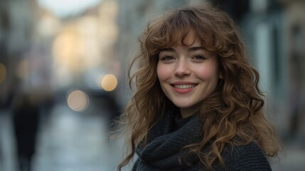 Young woman with curly hair smiles warmly in soft evening light on an urban street in a blurred background