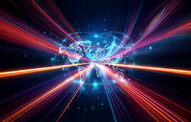 Obraz premium Glowing world map with radiating red and blue light streaks represents global digital network and futuristic tech connections. Dynamic and abstract.