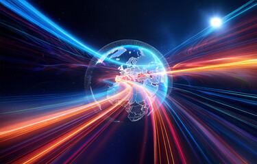 Obraz premium Digital globe encircled by streaks of blue and orange light, conveying motion and global connectivity against a dark backdrop.