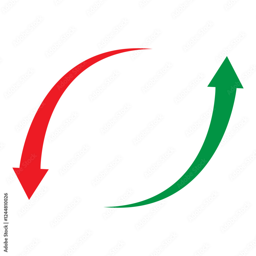 Poster curved arrow symbol. direction arrow concept. red green shape. vector motion element.